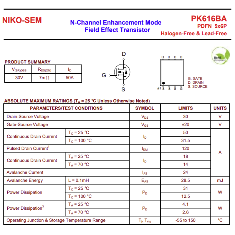 NIKO PK616BA 30V 50A N-CHANNEL PDFN5X6 MOSFET ENHANCEMENT MODEL FIEL EFFECT TRANSISTOR